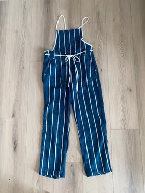 Outerknown Topanga Linen Blend Overalls Blue/White Stripe Size Small